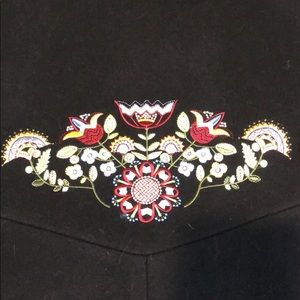 Black overcoat, floral embroidery